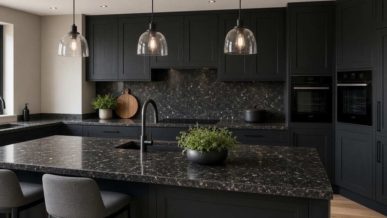 Charcoal solid-surface worktop with a honed finish catching low evening light in a dark British kitchen