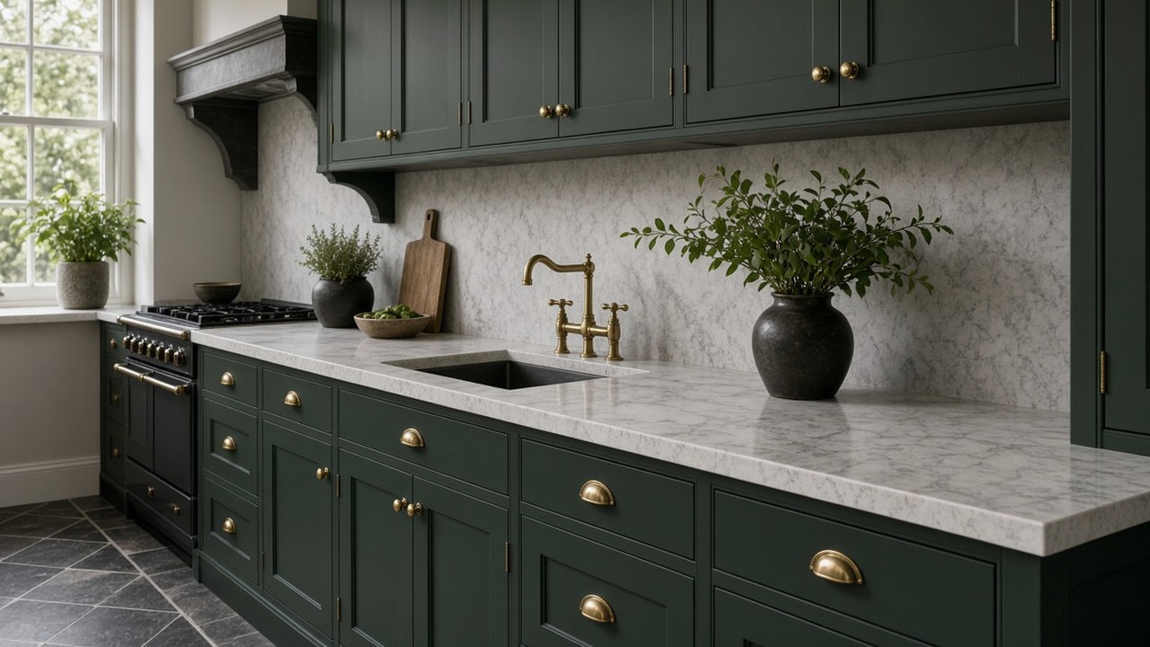 Deep green Shaker cabinets with a dark solid-surface worktop and warm brass handles in a British kitchen