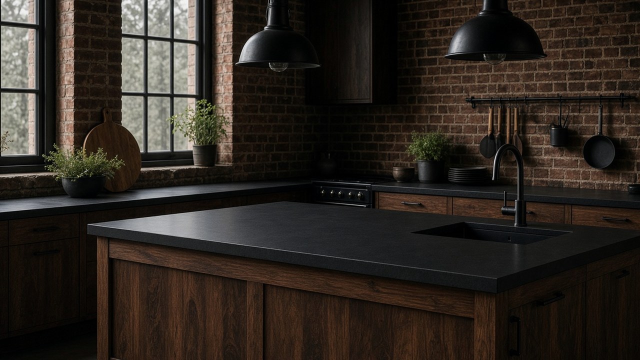 Warm under-cabinet LED light washing across a dark solid-surface worktop in an evening British kitchen